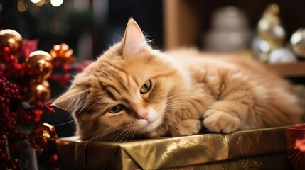 A cat curled up amid gift-wrapping chaos
