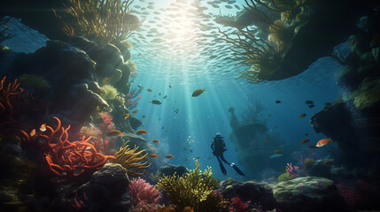 Fototapeta na wymiar scuba dive person in the under water cave exploring under water world with fish, corals in sea 