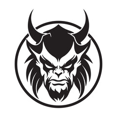 Vector illustration. Male portrait of a malevolent laughing devil businessman with horns.