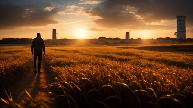Rear view of a farmer at dawn, walking through a dew kissed corn field towards distant grain silos. AI Generated