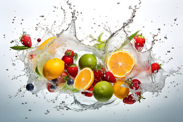 Fresh Multiple Variuos Fruits splash into water