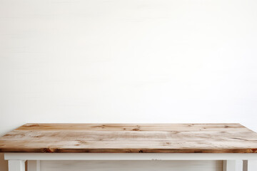 High-quality photo of an empty white table against a pristine white wall. Perfect for showcasing your design or merchandise with a clean, modern aesthetic.