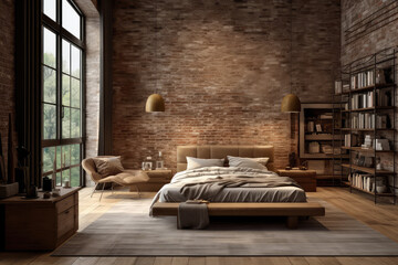Cozy farmhouse industrial bedroom. The perfect blend of rustic and contemporary styles. Idea for those seeking a stylish, urban living space with vintage charm. - obrazy, fototapety, plakaty