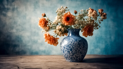 Vaso d'Epoca in Ceramica su Sfondo Blu con fiori - obrazy, fototapety, plakaty