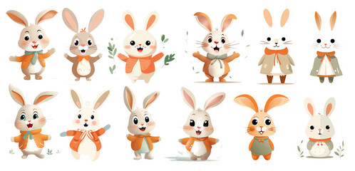Set of cute Rabbits, Bunnies Clipart Illustration, on transparent Background, generated ai