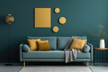 Mid-century Scandinavian living room where an elegant grey sofa complements a dark teal wall adorned with decorative circles, touch of retro charm.