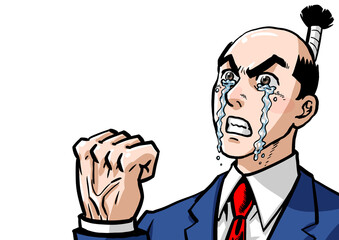 涙を流しガッツポーズするビジネスマンの劇画漫画風イラスト