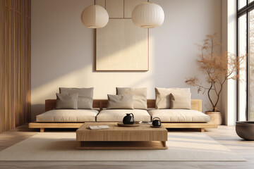 Japandi living room interior with a cozy beige couch in the modern apartment. The minimalistic design embodies the perfect blend of comfort and elegance for contemporary living spaces.