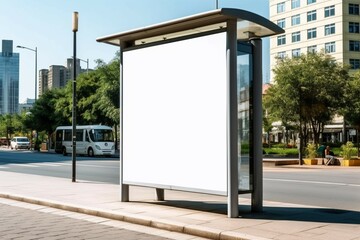 Vertical blank white billboard at bus stop on city street, In the background buildings and road, Mock up, Poster on street next to roadway, Sunny summer day