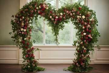Archway with heart-shaped foliage and roses displayed on a stand. Generative AI