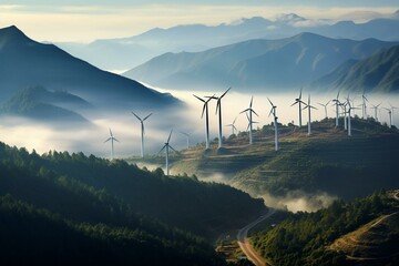 Windmills in mountains. Generative AI