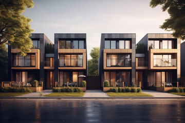 Modern modular townhouses, urban residential architecture at its finest. Discover stylish and contemporary homes that are perfect for urban living, modern design and real estate development. - obrazy, fototapety, plakaty