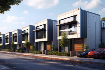 Fototapeta na wymiar Modern modular townhouses, urban residential architecture at its finest. Discover stylish and contemporary homes that are perfect for urban living, modern design and real estate development.