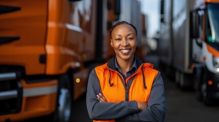 Truck driver occupation. Portrait of woman truck driver in casual clothes standing in front of truck vehicles. Transportation service. - obrazy, fototapety, plakaty