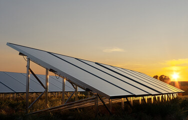 Photovoltaic panels in the light of the setting sun