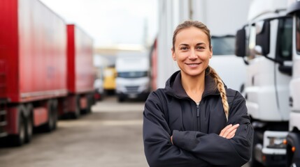 Truck driver occupation. Portrait of woman truck driver in casual clothes standing in front of truck vehicles. Transportation service. - obrazy, fototapety, plakaty