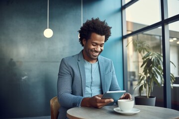 Portrait of cheerful African American businessman in casual clothes with smartphone and cup of coffee. Happy smiling mature man, successful entrepreneur or employee working in office or coworking cafe