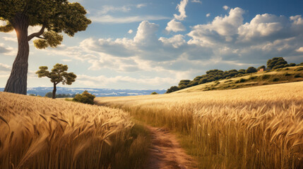 Road in Gold Wheat flied panorama with oak tree at sunset, rural countryside