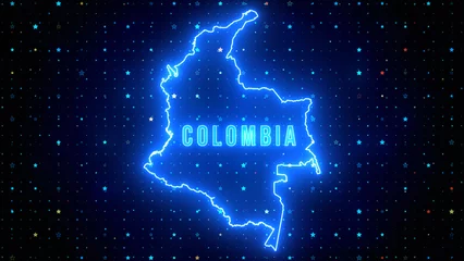 Foto op Canvas Futuristic Blue Shine Colombia Outline Map And Label Text Glowing Neon Light With Stars Sparkle Grid Background © agratitudesign