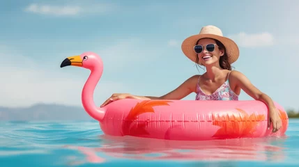Fototapeten Beautiful smiling woman wearing sunglass and summar hat in bikini swimsuit with flamingo swim ring  © kimly