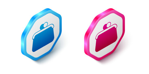 Isometric Handbag icon isolated on white background. Female handbag sign. Glamour casual baggage symbol. Hexagon button. Vector