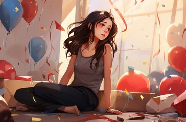An 18 year old child sits amidst a messy room after their birthday celebration Balloons are deflating, gifts are scattered, and the child appears slightly sad - anime illustration