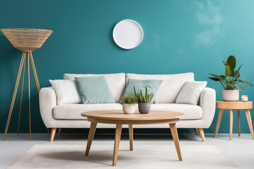 Scandinavian design in this modern living room featuring a white sofa and a rustic round coffee table against a soothing turquoise wall. It's a blend of comfort, style, and elegance.