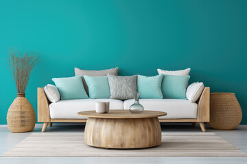Fototapeta na wymiar Scandinavian design in this modern living room featuring a white sofa and a rustic round coffee table against a soothing turquoise wall. It's a blend of comfort, style, and elegance.