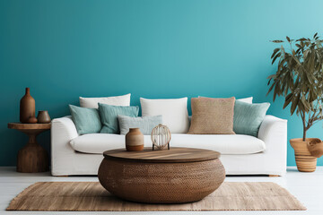 Scandinavian design in this modern living room featuring a white sofa and a rustic round coffee table against a soothing turquoise wall. It's a blend of comfort, style, and elegance.
