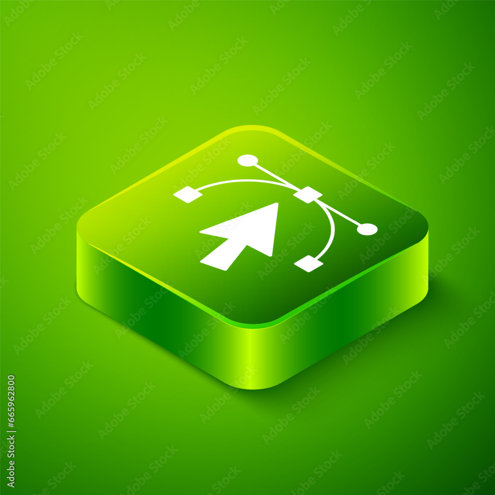Poster isometric bezier curve icon isolated on green background. pen tool icon. green square button. vector