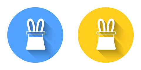 White Magician hat and rabbit ears icon isolated with long shadow background. Magic trick. Mystery entertainment concept. Circle button. Vector
