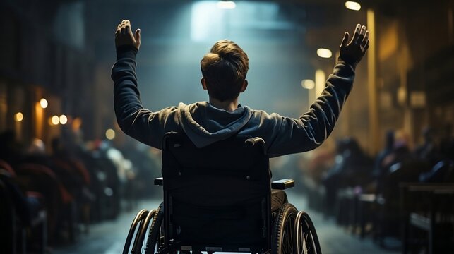 Disabled man back view happy and celebrating winner with raising his hands