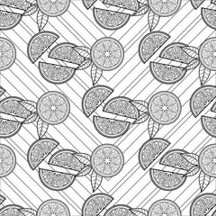 Orange, Lemon and Lime Slice Line Art Illustration as Seamless Pattern Design for Coloring Book - Pages