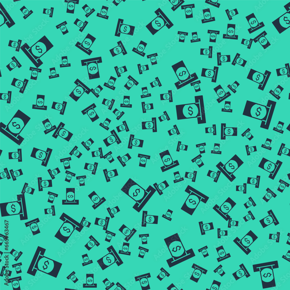 Poster black atm - automated teller machine and money icon isolated seamless pattern on green background. v