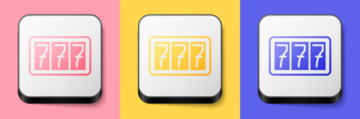 Isometric Slot machine with lucky sevens jackpot icon isolated on pink, yellow and blue background. Square button. Vector