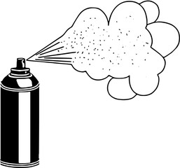 Spray can with dust clouds and particles in front of transparent background. 