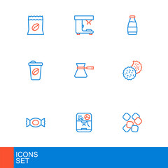 Set line Sugar cubes, Coffee machine, Candy, Cookie or biscuit, cup to go, turk, Milk bottle and icon. Vector