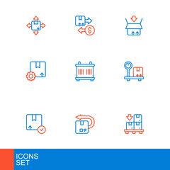 Set line Cardboard boxes on pallet, Return cardboard, Carton, Scale with, Gear package, Container, and Tax icon. Vector