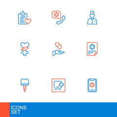 Set line Emergency call 911, Dental clinic location, implant, Patient record, Ethnoscience, Medical prescription, Male doctor and icon. Vector