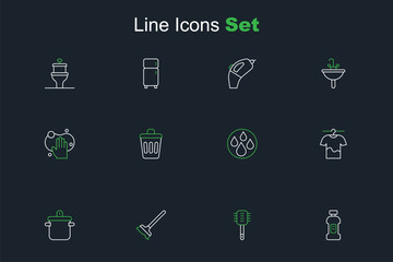 Set line Bottle for detergent, Toilet brush, Mop, Cooking pot, Drying clothes, Water drop, Trash can and Sponge icon. Vector