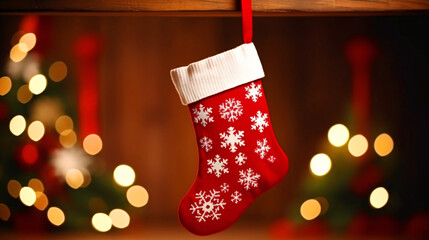 クリスマスの靴下のアップ、プレゼントを入れるクリスマスソックス - obrazy, fototapety, plakaty