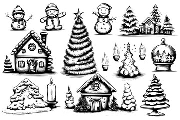 set hand drawn sketches. Cute cottage Christmas tree and paraphernalia Merry Christmas and Happy New Year. Designs for celebrating winter holidays.