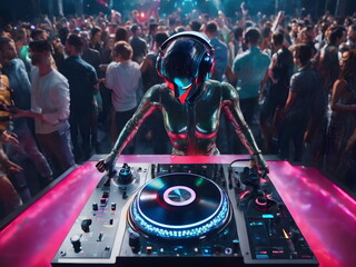 Futuristic robot DJ pointing and playing music on turntables. Robot disc jockey at the dj mixer and turntable plays nightclub during party