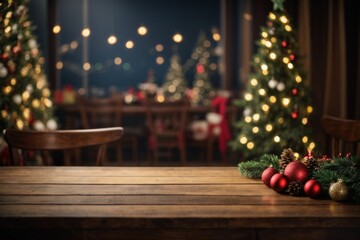 Fototapeta na wymiar Empty wooden table with christmas theme in background 