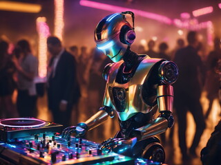 Futuristic robot DJ pointing and playing music on turntables. Robot disc jockey at the dj mixer and turntable plays nightclub during party - obrazy, fototapety, plakaty