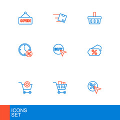 Set line Discount percent tag, Shopping cart and food, Add to, Clock discount, Buy button, basket and Location with cardboard box icon. Vector