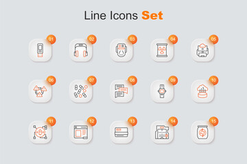 Set line Energy drink, Futuristic sliding doors, Credit card, Browser window, Blockchain technology Bitcoin, Network cloud connection, Wrist watch and Speech bubble chat icon. Vector