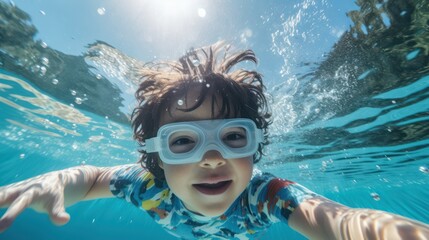 little boy wearing glass swimming underwater 
