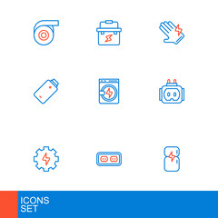 Set line Refrigerator, Electrical outlet, Gear and lightning, Tee plug electric, Battery charge, Washer, glove and Toolbox electrician icon. Vector