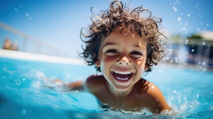 little boy playing in swimming pool - obrazy, fototapety, plakaty